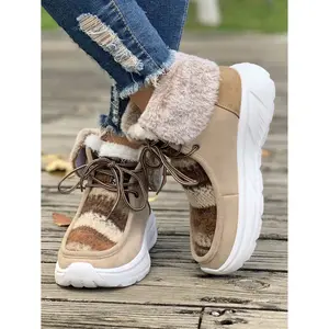 BDHJYDB Women's High Quality Winter Snow Boots Knee-High with Chunky Platform Heel, Faux Fur Collar & Non-Slip TPR Sole - Beige/ Brown Lace-Up Cap Toe Boots for Ice, Snow, Slush - Cozy Warm Ankle (Casual & Formal)