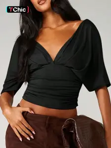 Deep V Backless Solid Crop Top Fitted Stylish Women Sexy T-Shirt
