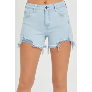 Risen Ice Blue Mid Rise Shorts with Frayed Hem