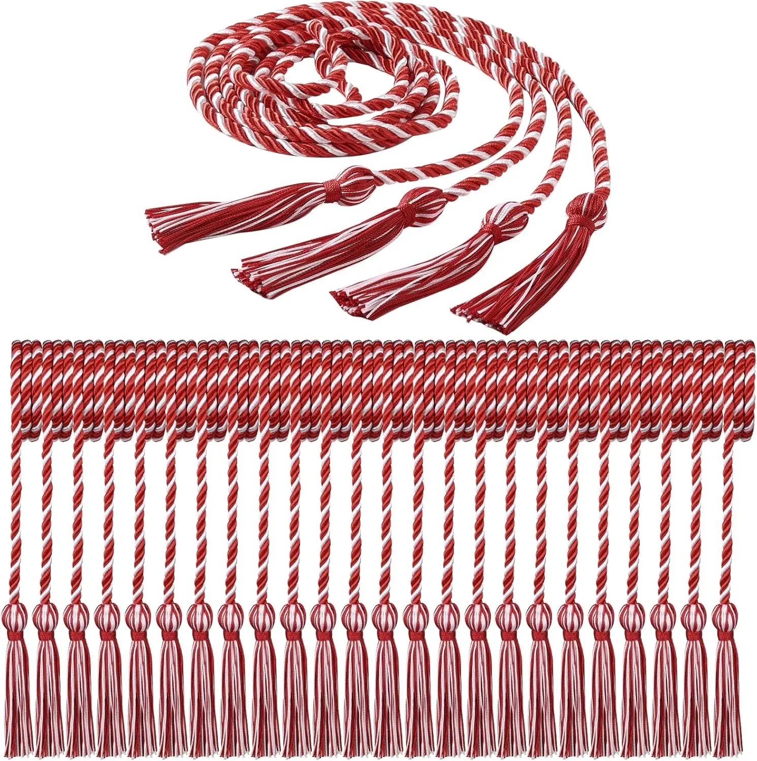 24 Pack Graduation Honor Cords with Tassels - 68 Inch Braided Cords Bulk for High School College University - Bachelor, Master, Doctoral Ceremony (Red and White)