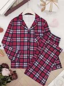 Women's All Over Print Plaid Button Front Pocket Shirt & Pants Pyjama Two-piece Set, Casual Comfy Long Sleeve Collared Top & Trousers PJ Set, Ladies Sleepwear Loungewear for All Seasons, Pajama Set, Pajamas