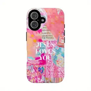 Pink Lace-Up Phone Case With Jesus Loves You Text Pattern, Glossy Dual-Use Anti-Drop Design,for iPhone 17 Pro Max Phone Case 17 Air 16E 16 15 Plus 14 13 12 11 X XS Max XR 7 8 Plus Phone Cases