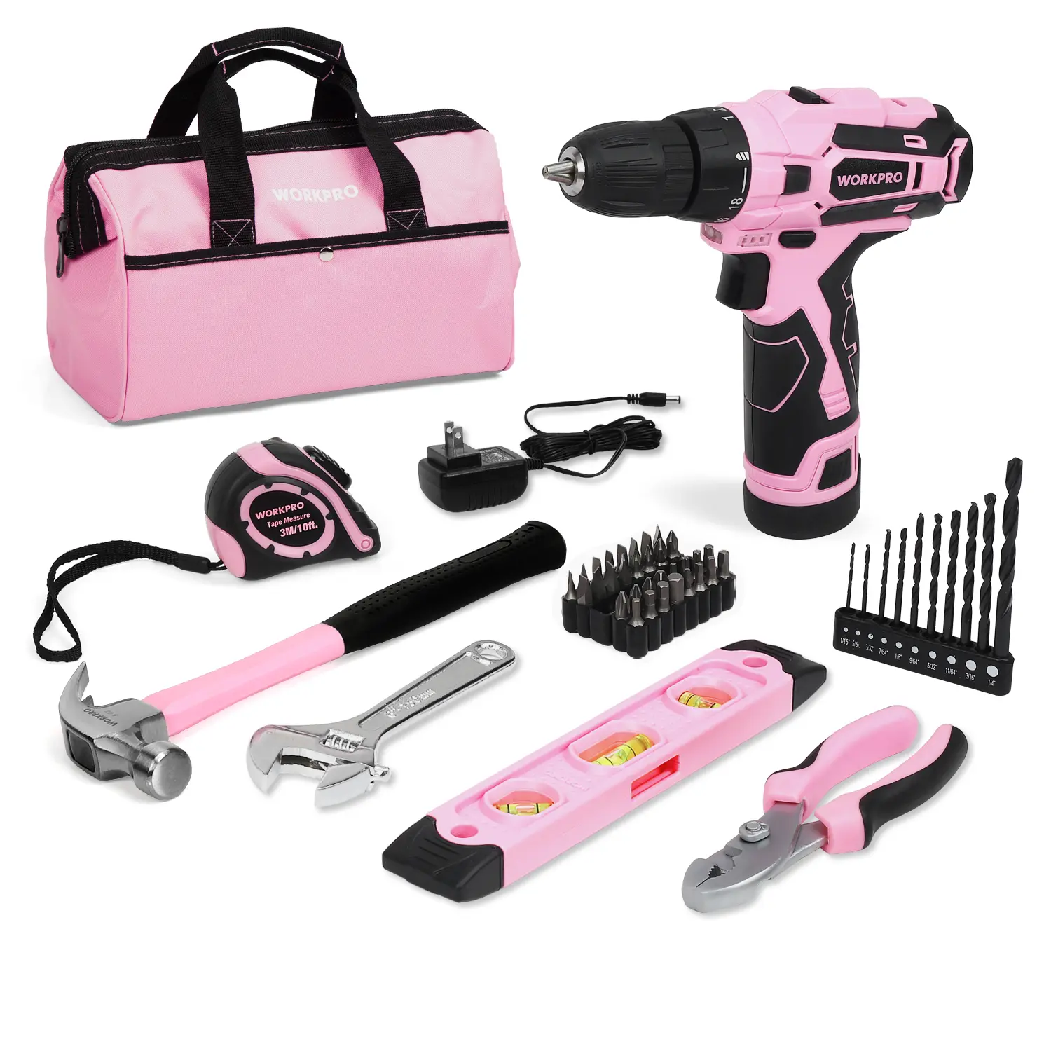 #fathersdaygift WORKPRO 12V Pink Cordless Drill Driver and Home Tool Kit, Hand Tool Set for DIY, Home Maintenance, 14-inch Storage Bag Included - Pink Ribbon