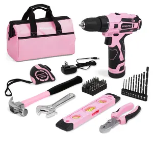 #SpringGlowUp WORKPRO 12V Pink Cordless Drill Driver and Home Tool Kit, Hand Tool Set for DIY, Home Maintenance, 14-inch Storage Bag Included - Pink Ribbon