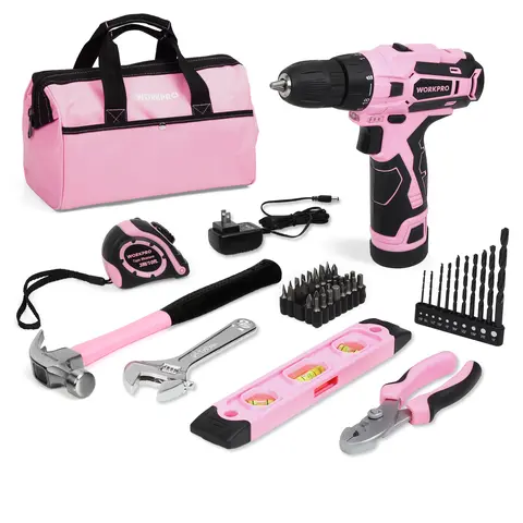 #blackfriday WORKPRO 12V Pink Cordless Drill Driver and Home Tool Kit, Hand Tool Set for DIY, Home Maintenance, 14-inch Storage Bag Included - Pink Ribbon