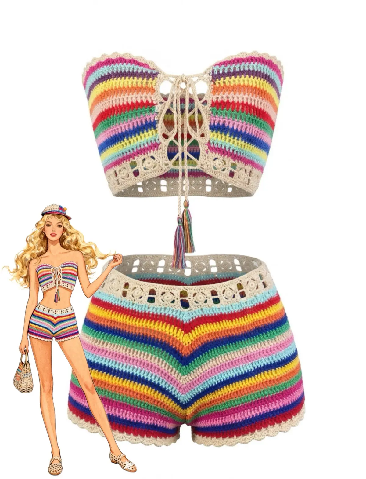 1970s Rainbow Striped Crochet Bandeau Bikini Set vacation swimwear for women cute summer outfits