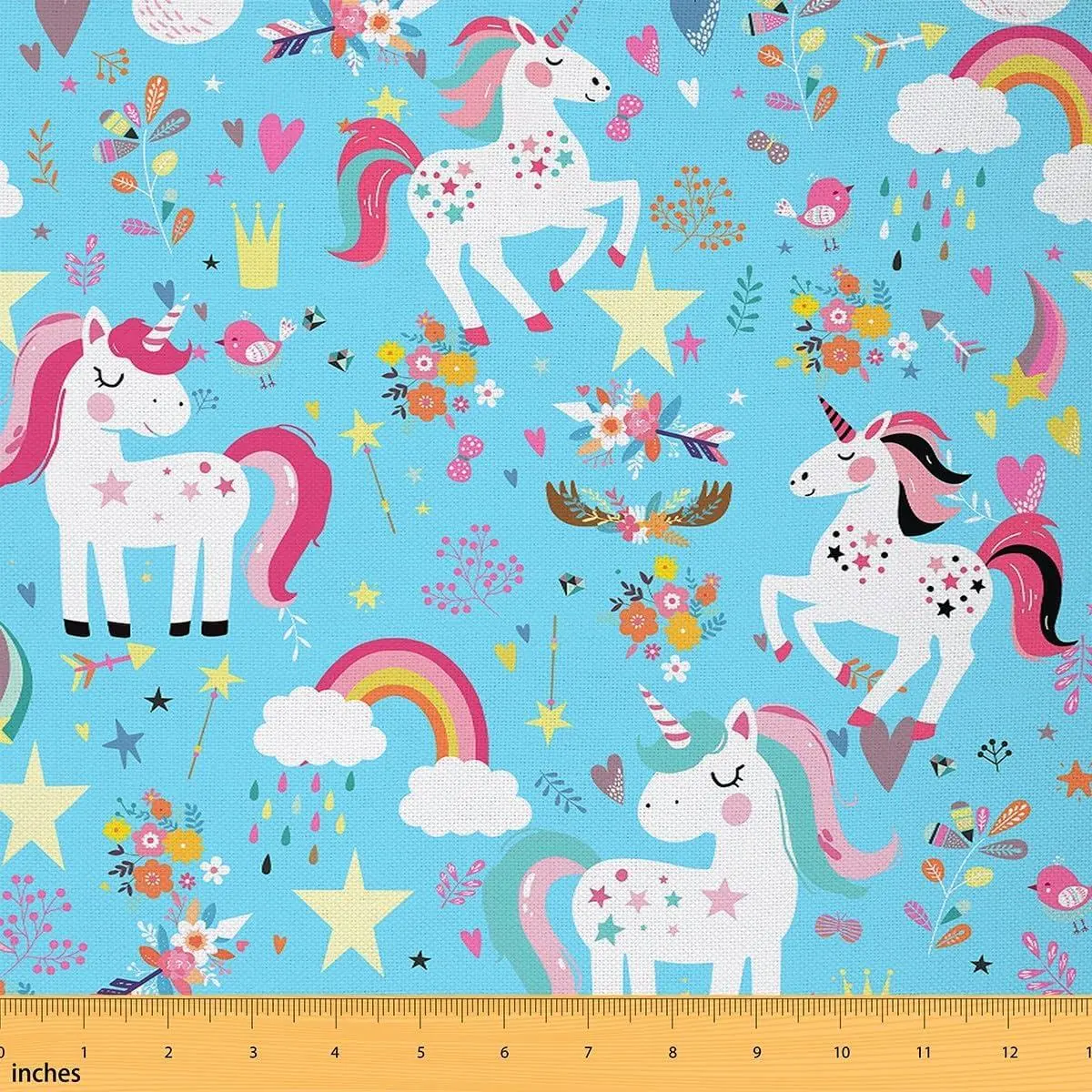 Cartoon Unicorn Fabric,Kawaii Unicorns Animals Fabrics,Watercolor Rainbow Flowers Fabric Arts,Rustic Botanical Plants Flannel Polyester Fabric