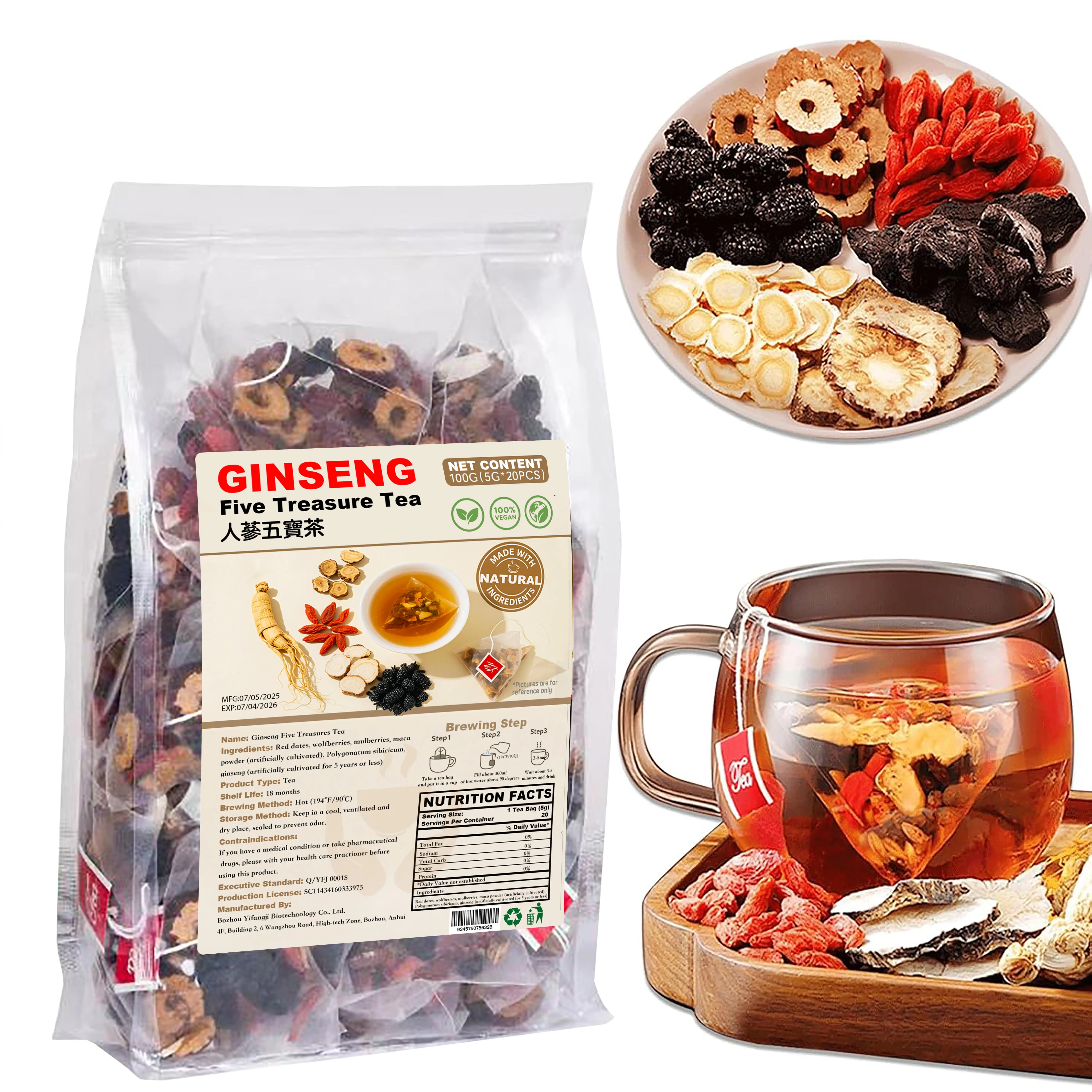Ginseng Five Treasure Tea 20 Bags Organic Kidney Cleanse Traditional Chinese Herbal Beverage for Men & Women Natural Health Boost