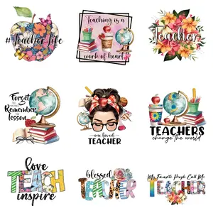 9pcs Large Teacher's Day Iron-On Patches, Globe & Pencil Designs, Washable Plastic Glue Stickers for Clothes Hats Masks, Holiday Decorations, Floral Butterfly Embroidery