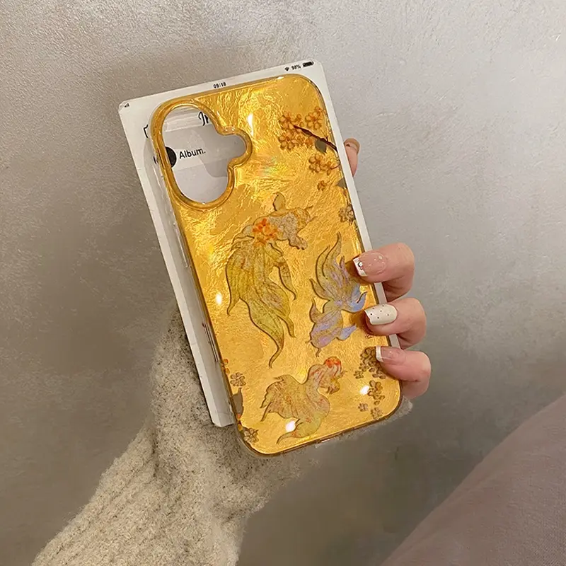 IPhone 13/16/17 Pro Max | Haitang Goldfish | Chain | Glacier Pattern | Best Friend Gift | Suitable for iPhone 11 12 13 14 15 16 17 Pro Max | Protective Phone Cover Casing