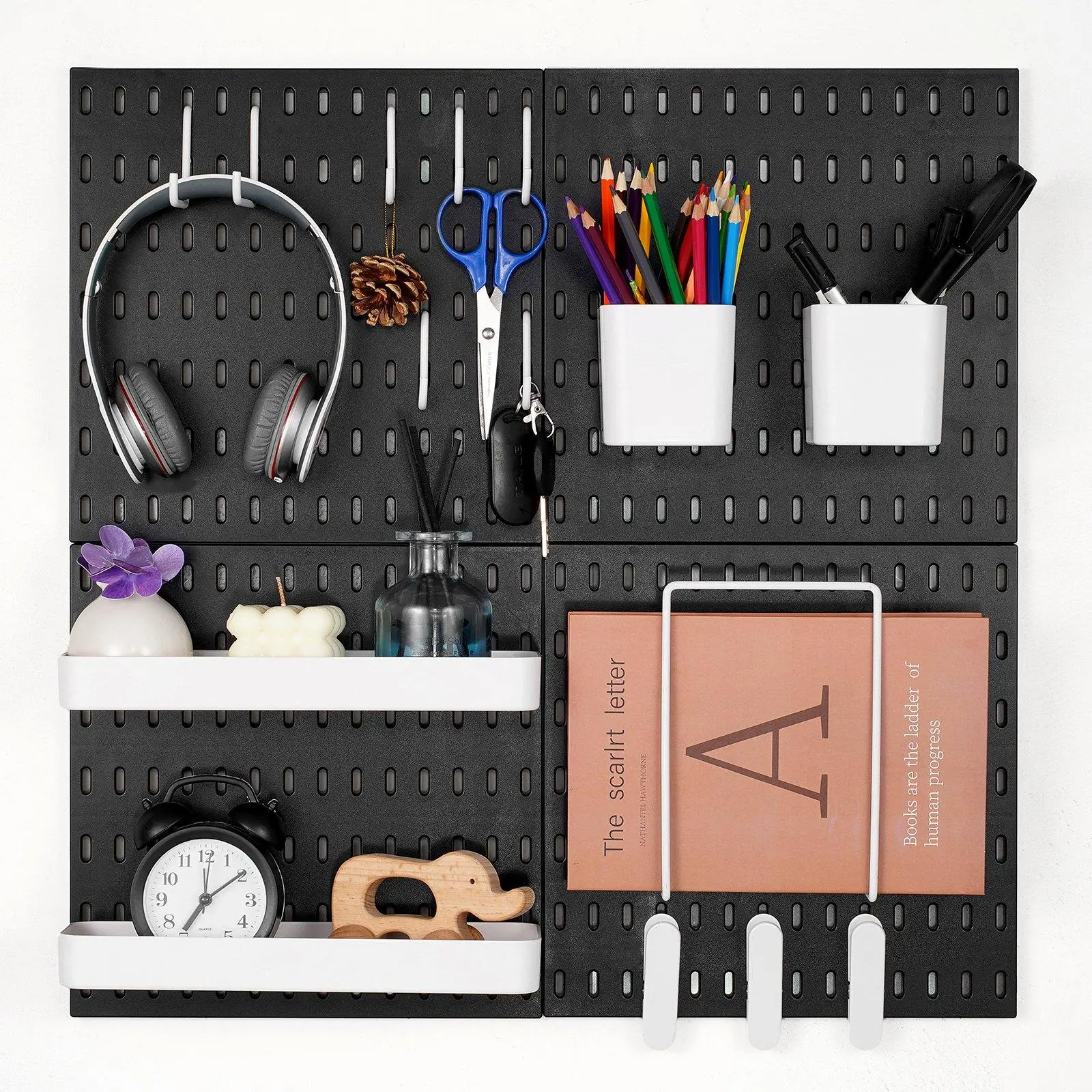Black 11"x11" Plastic Pegboard Combination Kit - 4 Panels Peg Board Wall Organizer with Accessories for Garage Tool Storage, Kitchen, Home Organization