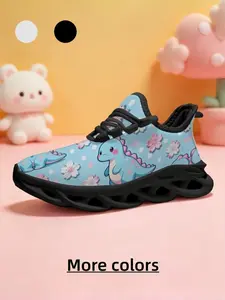 1 Pair Kids' Style Cherry Blossom Cute Dinosaur Print Sneakers, Lightweight Shock-Absorbing Sole, Breathable & Comfortable, Versatile Casual Running Shoes - Perfect Children's Day Gift