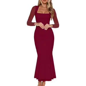 Women's Ruched Bodycon Long Sleeve Maxi Dress Mesh Square Neck Cocktail Party Long Dresses