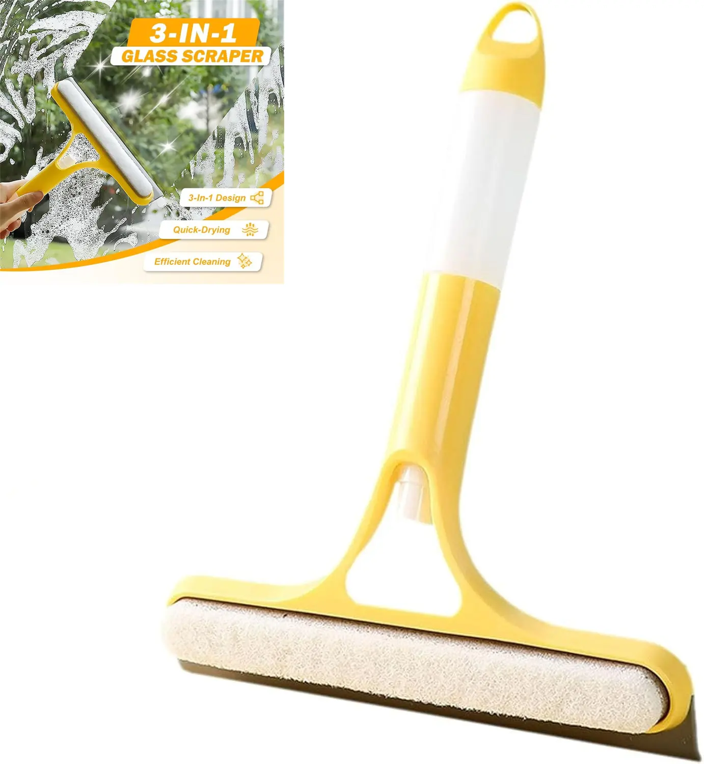3-in-1 Compact Window Glass Cleaner Multi-Tool - Squeegee, Scraper, Scrubber with Built-in Spray Bottle, Lightweight Silicone Microfiber Wipe for Car Maintenance, Decks, Kitchens, Bathrooms
