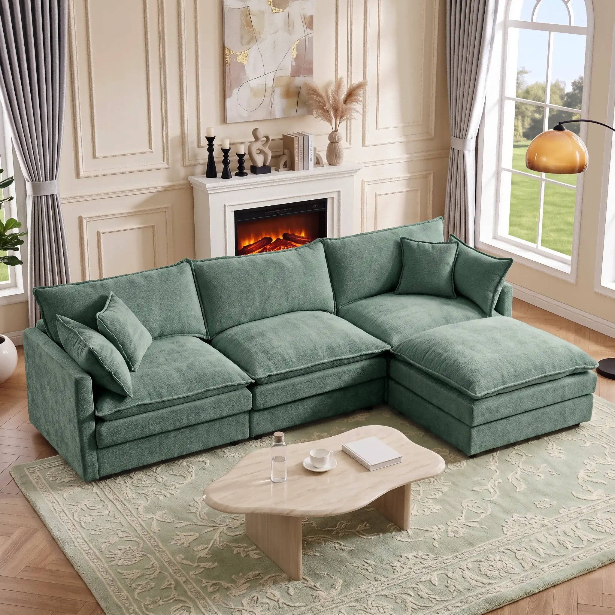 Eyisean 102" Chenille L Shaped Modern Modular Sectional  Sofa Set, 3-Seater Deep Seat Sofa with Movable Ottoman, Comfy Cloud Couch with Upholstered & Pillow, Sleeper Sofa for Living Room, Bedroom, Apartment (2 Packages Shipping),dorm essentials,home decor