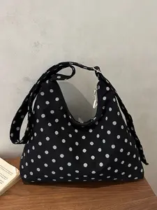 Korean Style Polka Dot Tote Bag, Zipper Closure Handbag, Large Capacity Foldable Commuter Shoulder Bag, Ideal for College Students