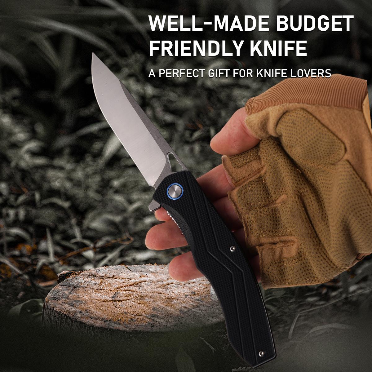 Outdoor Survival Folding Knife with Blue Accent，Premium EDC Folding Pocket Knife with G10 Handle, Ultimate Outdoor Survival Tool for Camping Hiking