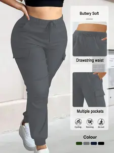 Women's Plus Size Fashion Solid Color Loose Cargo Pants, Waist Adjustable Drawstring Elastic Design, Comfortable Casual Wear, Perfect for Christmas, Womenswear