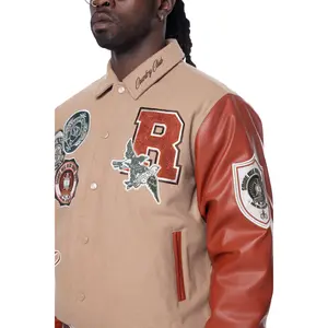 Smoke Rise Muted Khaki Studded Patch Varsity Jacket