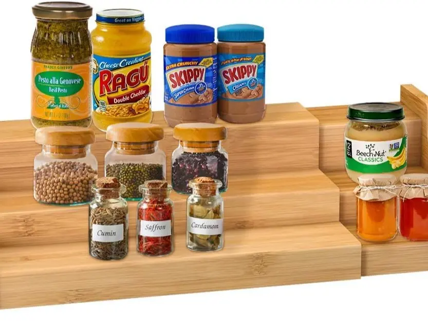 mccormick tins rack Spice Rack Kitchen Cabinet Organizer- 3 Tier Bamboo Expandable Display Shelf Wooden Adjustable