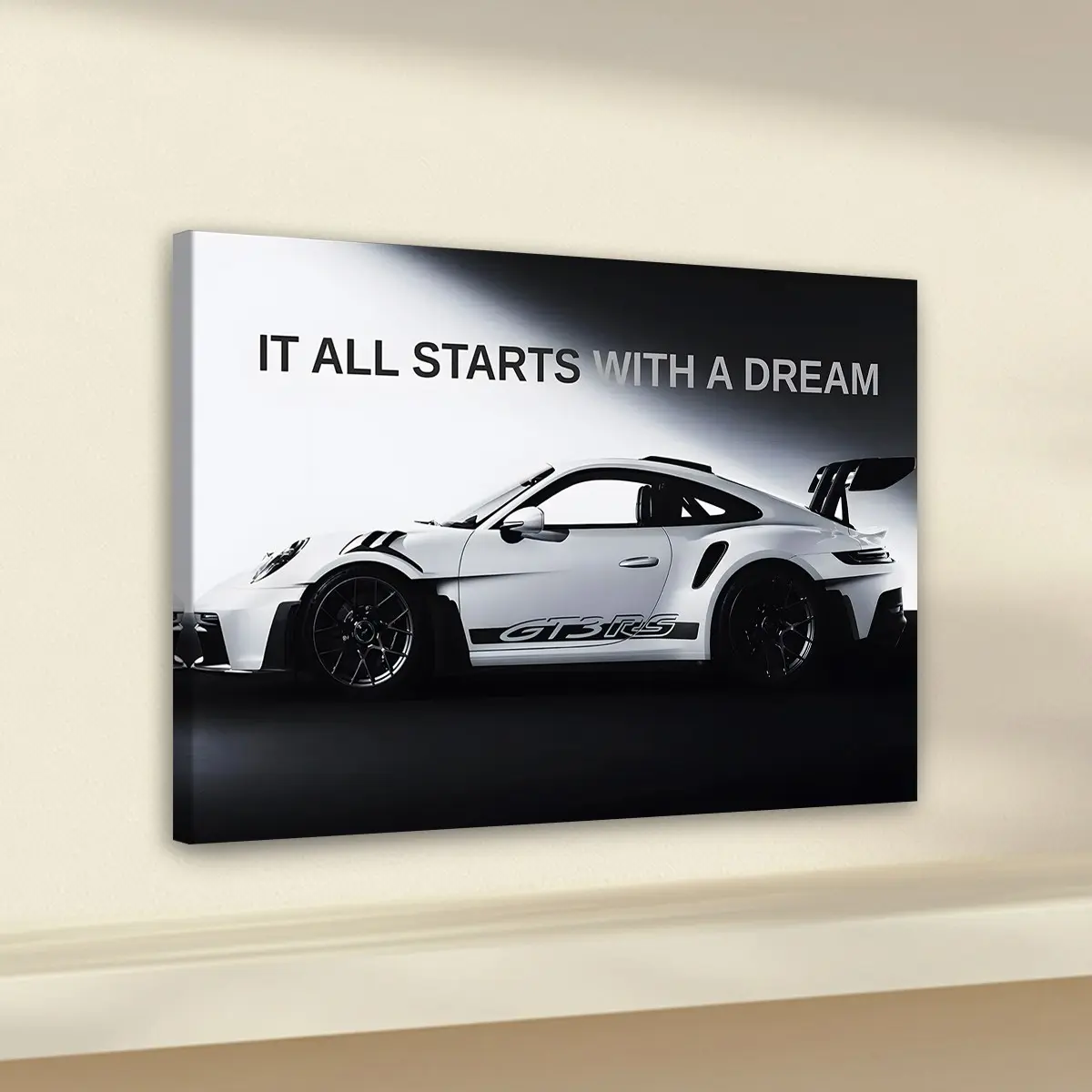1pc Wooden Framed, Decorative Artwork, GT3 RS Sports Car Motivational Poster, It All Starts With a Dream Quote Car Art Print, Sports Car Inspirational Wall Art Canvas Painting, Home Decoration, Art Work For Wall Decor, Gift, Modern Art Design