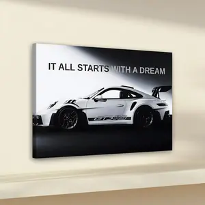 1pc Wooden Framed, GT3 RS Sports Car Motivational Poster, It All Starts With a Dream Quote Car Art Print, Luxury Sports Car Inspirational Wall Art Canvas Painting, Ideal For Bathroom, Bedroom, Office, Living Room, Home Decoration, Gift, Modern Home Decor