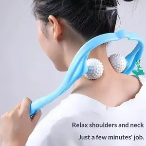 Blue Neck Massager Roller Tool, 2 Ball Massage Points for Pain Relief, Handheld Relaxer for Legs Waist Shoulders, Deep Tissue Muscle Massage