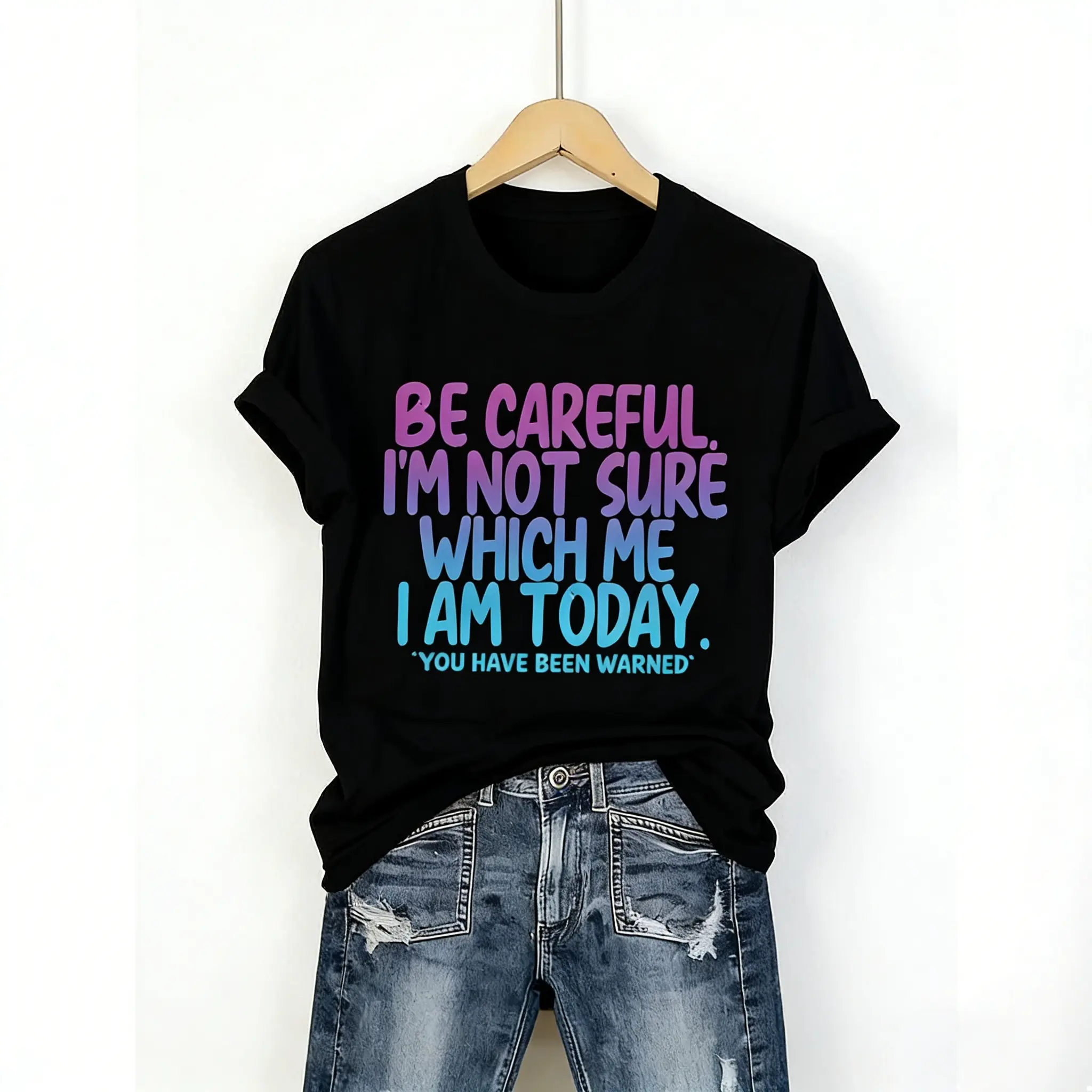 Women's Casual Funny Letter Print T-shirt, Short-Sleeve Loose-Fit Basic Streetwear, Please Check Size for Best Fit