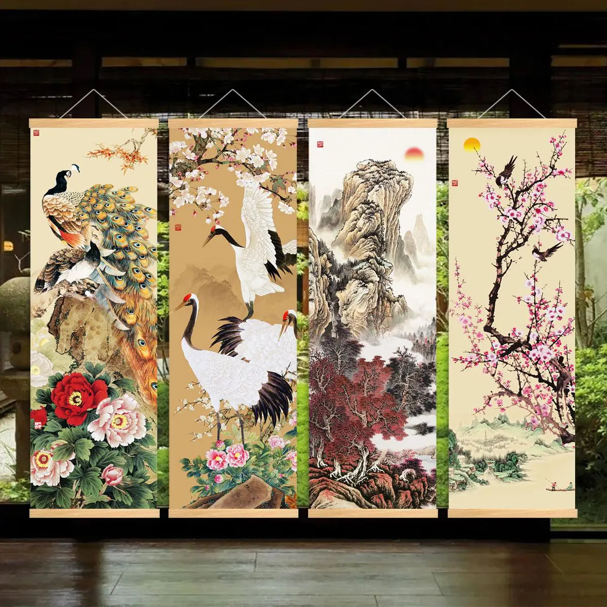 Chinese Style Wooden Hanging Banner, 4 Counts/set Traditional Auspicious Images Painting Poster, Natural Scenery, Perfect Living Room Aesthetic Wall Decor, Modern Art Fashion Decoration, Ornaments, Artistic