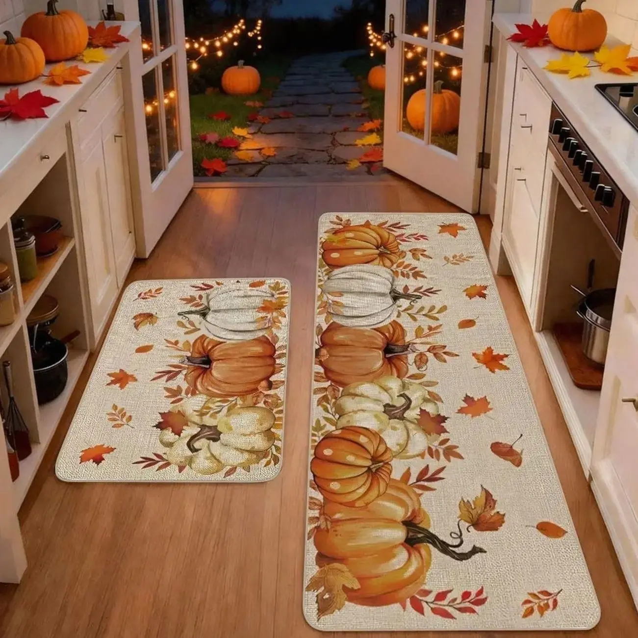 2pcs Thanksgiving Fall Kitchen Mat Gug Set with Pumpkin Maple leaves Pattern, Non-Slip Soft Low Profile,Floor Mat Set Farmhouse Kitchen Rug Dining Room Flooring Laundry Room Decor Carpet Mat, Decorative Rug Mat, Kitchen Rugs Set