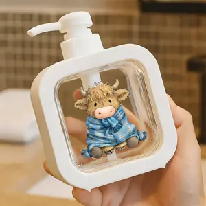 Cute Cartoon Highland Cow Design Kitchen & Bathroom Soap Dispenser, Light Brown Shaggy Fur Blue Plaid Blanket Watercolor Texture, Manual Pump Liquid Dispenser Bottle for Hand Soap, Home Decorative Accessories