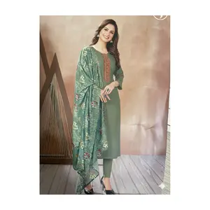 #S2 Elegant Sage Green  Three-piece set:  Cotton /silk straight-cut kurta, tapered pants Set with Embroidered Neckline & Printed Dupatta
