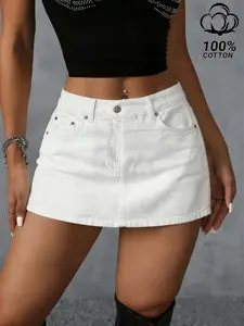 Women's Denim Short Skirt, Pure Cotton A-Line Wide Hem, Casual Elegant Chic Fashion, Summer Shopping Party Versatile Item