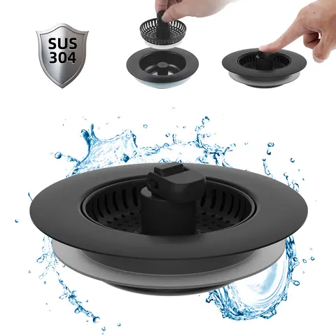 Hibbent 3-in-1: Fill, Strain, Seal Rust-Resist 304 Stainless Steel Kitchen Sink Strainer Stopper Combo - Responsive Spring Action, Pop-Up Handle, 2.76"-3.38" Width, Depth＞1.8", Anti-Clogging Filter for US Standard 3-1/2" Drains Kitchen Fixture Accessory