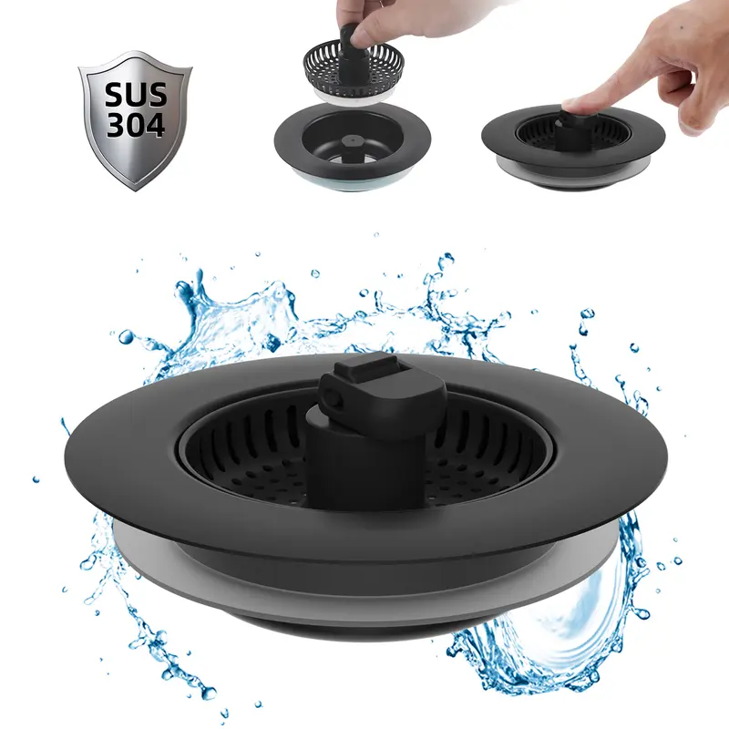 Hibbent 3-in-1: Fill, Strain, Seal Rust-Resist 304 Stainless Steel Kitchen Sink Strainer Stopper Combo - Responsive Spring Action, Pop-Up Handle, 2.76"-3.38" Width, Depth>1.8", Anti-Clogging Filter for US Standard 3-1/2" Drains Kitchen Fixture Accessory