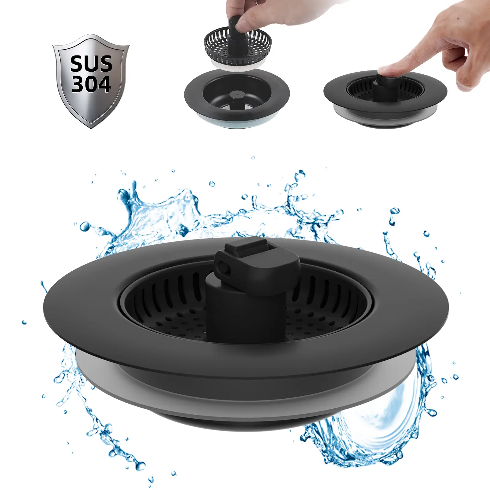 Hibbent 3 in 1 Kitchen Sink Drain Strainer, Stainless Steel Drain Stopper Combo, Pop Up Sink Stopper, Anti-Clogging Metal Basket Strainer with Handle