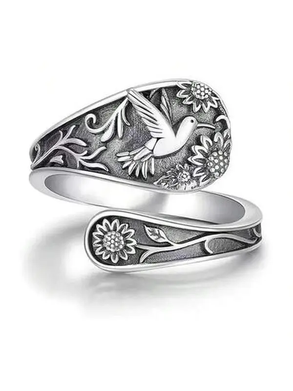 Hummingbird Ring Silver Color Vintage Antique Spoon Rings Adjustable Thumb Rings for Women Finger Jewelry Fashion Jewelry Accessories Dainty Ring for Gifts