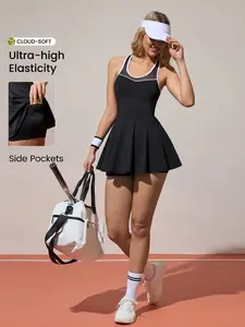 DORRIS Colorblock & Mesh Patchwork Halter Sleeveless Mini Athletic Dress With Shorts, Activewear, Spring/Summer Workout