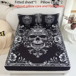 3pcs Skull fitted Sheet Gothic Bedding Set Halloween Bedding Set Black White Bedroom Decor All Seasons (1  fitted Sheet + 2 Pillowcases ,Without Pillow Core)