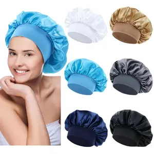 6 Pack Colors Satin Lined Silky Sleeping Bonnets Shower Caps Curly Long Hair Protector Night Large Adjustable Wide Brim Band Sleep Hats Hair Wraps for Women Men Girls (Mix Colors) springtok