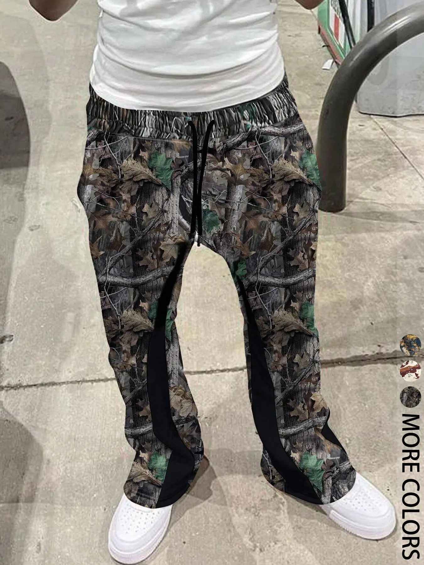 Men's All Over Print Patchwork Drawstring Waist Flare Leg Pants, Casual Fit Drawstrings, Regular Fit Casual Comfy Pocket Trousers for Fall & Winter, Casual Fashion Trousers, Casual Loose Pant, Autumn Casual Pants
