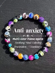 Boho Style Natural Crystal Beaded Bracelet, Multi-Color Flame Agate Stone, Anti-Anxiety Fashion Accessory for Women & Men