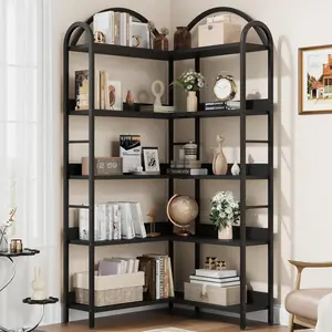 5-Tier l-Shaped Industrial Corner Bookshelf – Arched Metal Frame – Open Storage Display Shelf – Freestanding Bookcase for Living Room, Bedroom, Home Office, Black