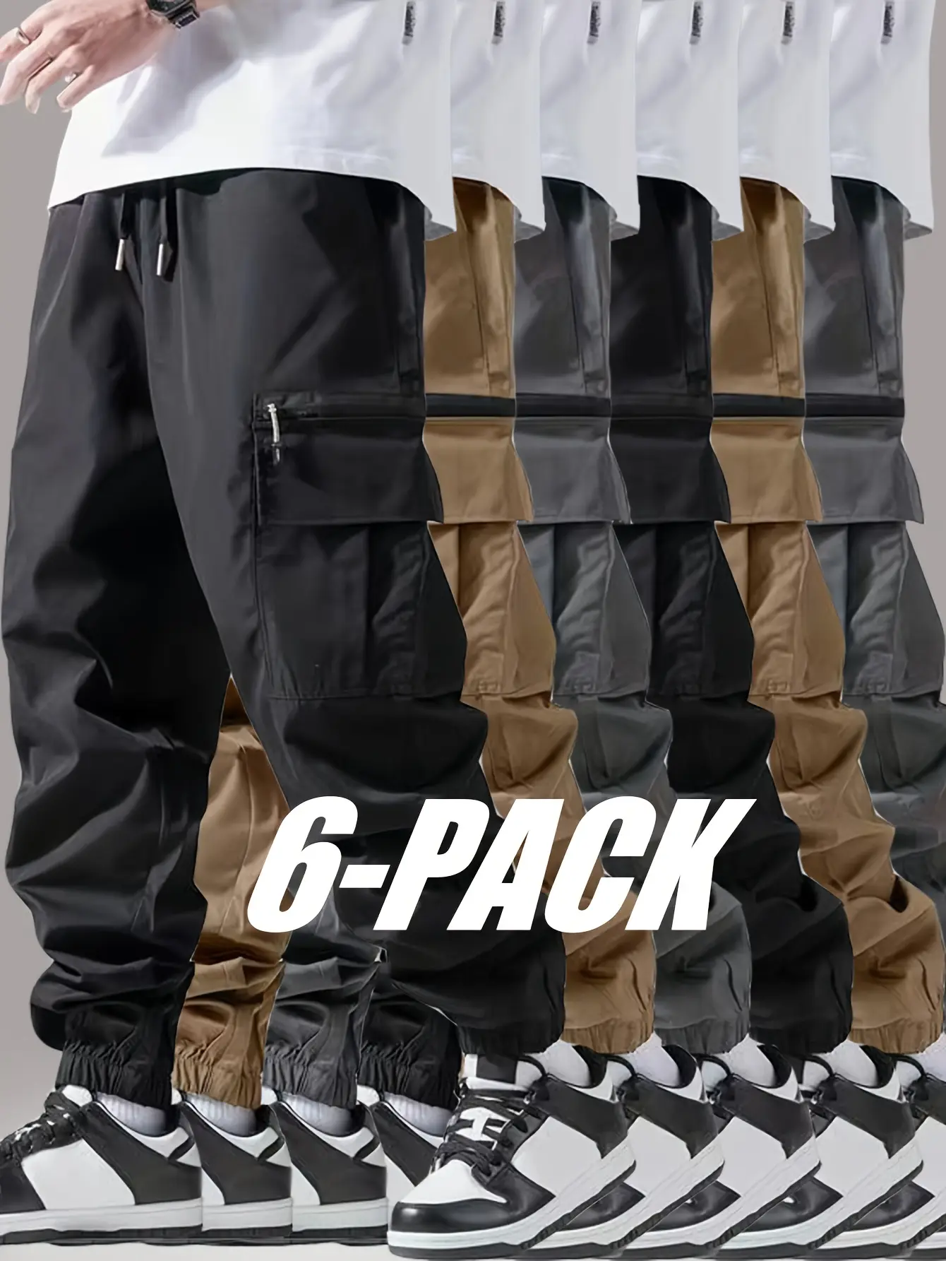 6-Pack Men’s Cargo Pants — Jogger Cargo Pants, Casual Cargo Pants for All Seasons, Running Pants with Multiple Pockets, Breathable Loose Fit, Cuffed Long Pants