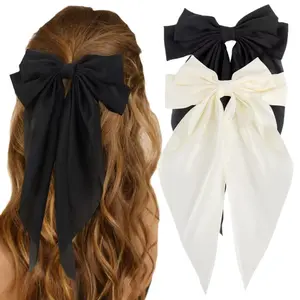 Silky Satin Hair Bows 2Pcs, Big Oversized Long Tail Hair Ribbons for Women, White Black Hair Bow Barrettes with Metal Clips, Aesthetic Bowknot Hair Accessories