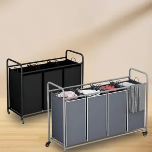 3 Bag Laundry Basket, Laundry Sorter 3 Sections, Rolling Laundry Cart, Laundry Basket with Heavy Duty Lockable Wheels and Removable Bag for Storing Laundry, (Black/Brown/Grey) Metal Organiser