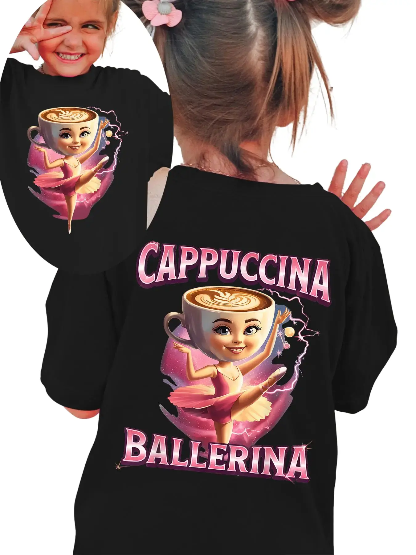 Kids "CAPPUCCINA BALLERINA" Double-Sided Coffee Cup Ballerina Graphic T-Shirt - Short Sleeve Crew Neck Girls Ballet & Coffee Lover Tee