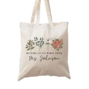 Personalized Name Teacher Flower Canvas Tote Bag, Custom Teacher Helping Little Minds Grow Tote, Customized Daycare Teacher Thank You Gift, Back to School Tote