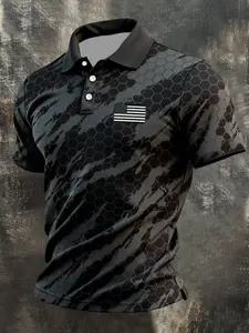 250th Anniversary Themed Men's Black Gray Honeycomb Camouflage Shirt American Flag Printed Tactical Style Casual Quick Drying Lapel Polo - Menswear