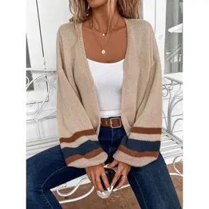 Women's open front color striped lantern sleeve loose cardigan wool sweater, autumn and winter casual off shoulder fashionable lightweight and elegant knitted cardigan wool sweater, women's autumn knitted sweater, winter cardigan wool womenRAIMENTRY